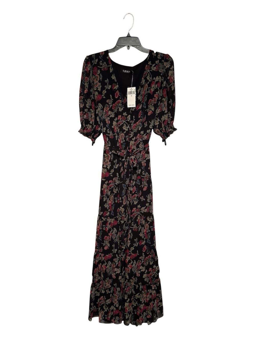 NWT Lauren Ralph Lauren Floral Print Ruffle Balloon Sleeve Dress Black Size 14